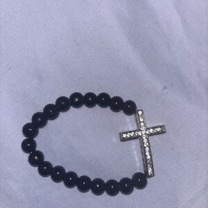 Black Beaded Bracelet with Silver Cross